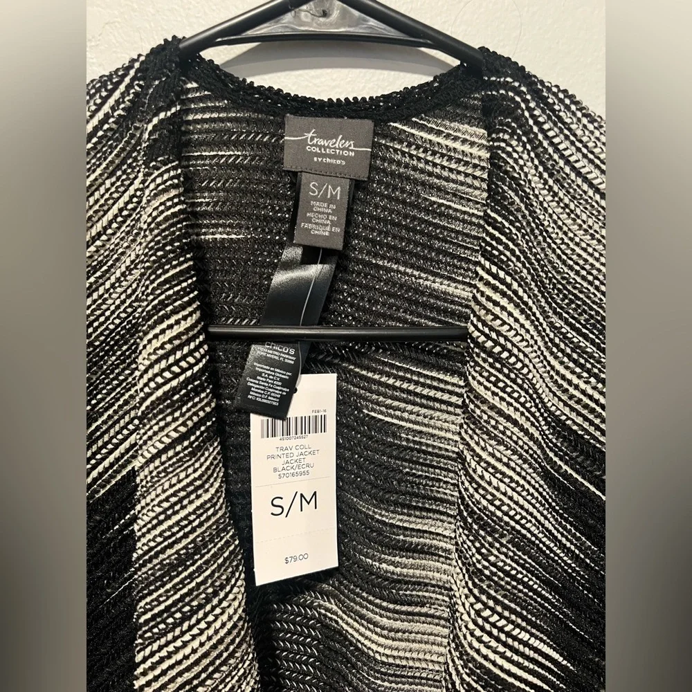 NWT Travelers by Chico’s Open Knit Cardigan S/M Black White Poncho Wrap - Picture 2 of 3